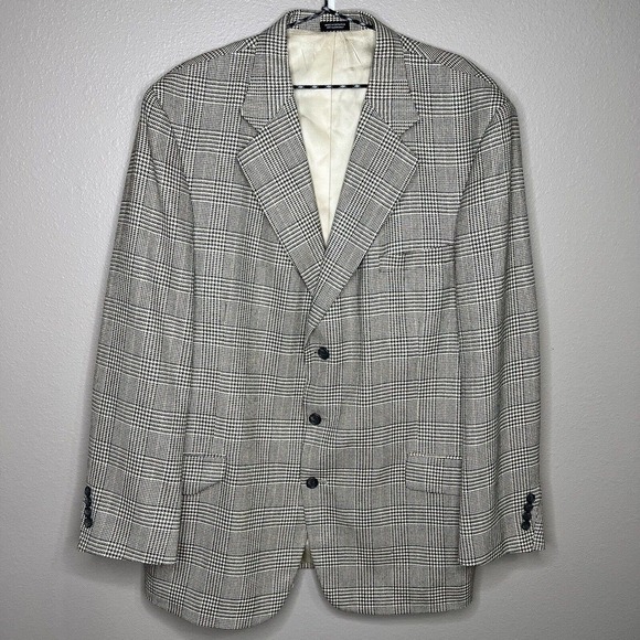 Casual Options Blue Houndstooth Plaid Silk Wool Blend Single Breasted Blazer - Picture 1 of 9